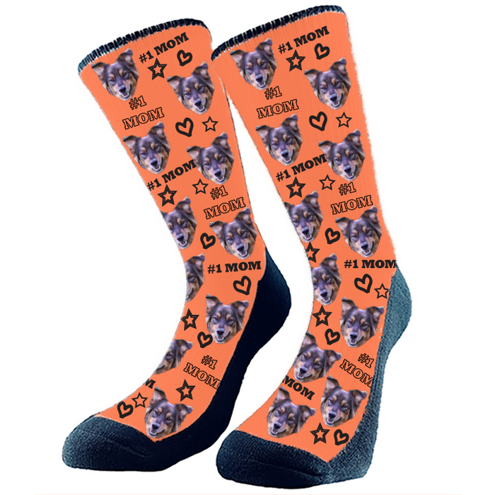 #1 Mom deserves #1 Socks! Hearts and stars with #1 Mom pattern with your cropped face or full body.  Choose your background color. Made in Canada.