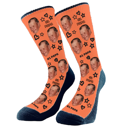 Custom face socks with '#1 Papa' design, featuring stars and heart pattern, personalized Father's Day gift