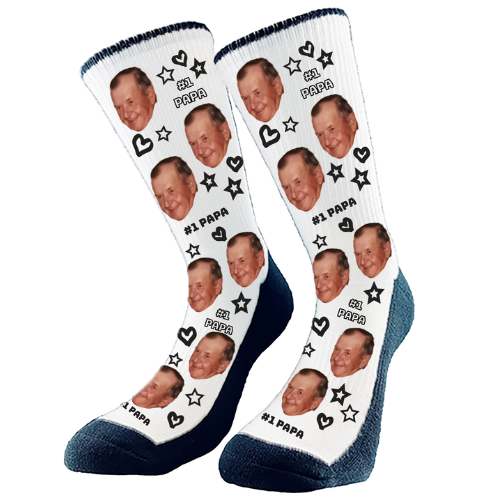 Custom face socks with '#1 Papa' design, featuring stars and heart pattern, personalized Father's Day gift