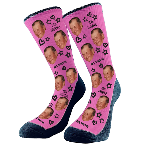 Custom face socks with '#1 Papa' design, featuring stars and heart pattern, personalized Father's Day gift