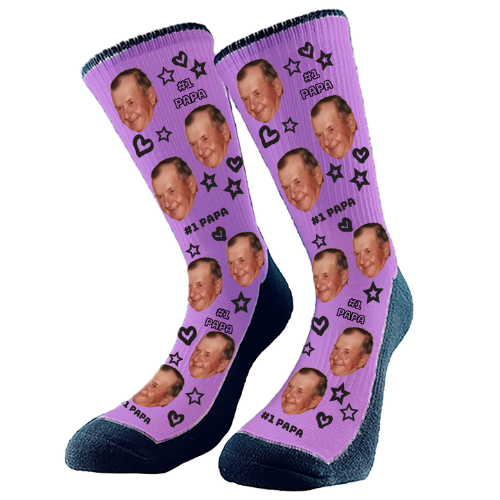 Custom face socks with '#1 Papa' design, featuring stars and heart pattern, personalized Father's Day gift