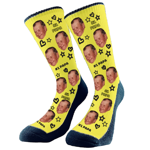 Custom face socks with '#1 Papa' design, featuring stars and heart pattern, personalized Father's Day gift