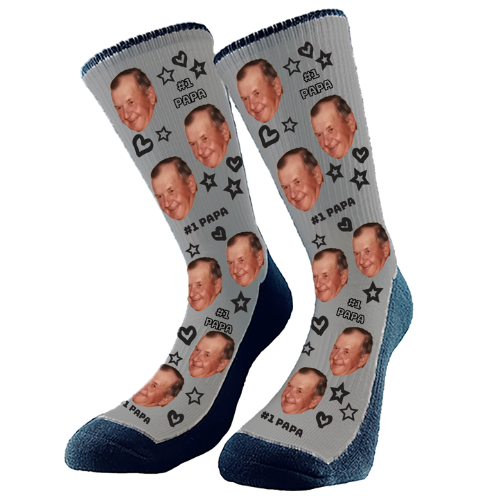 Custom face socks with '#1 Papa' design, featuring stars and heart pattern, personalized Father's Day gift