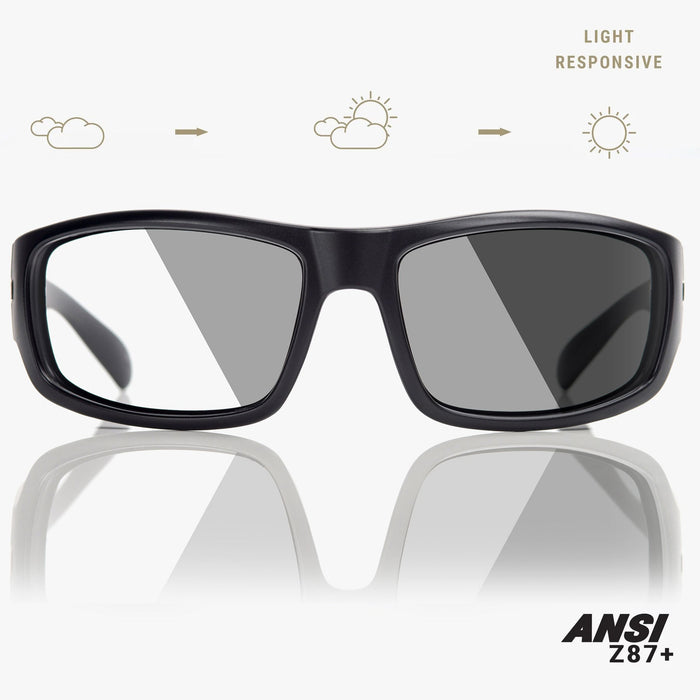 Madson 101 ANSI Z87+ safety sunglasses in black on black with grey light photochromatic lens