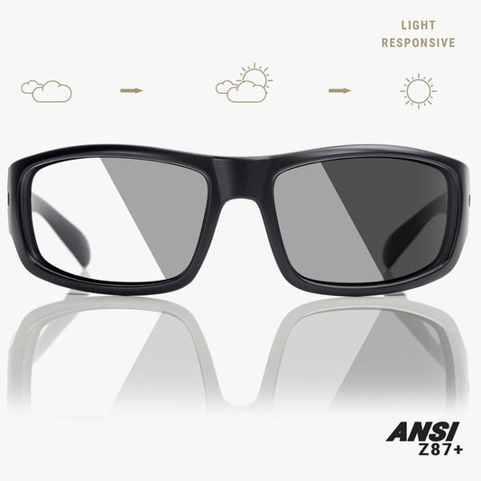 Madson 101 ANSI Z87+ safety sunglasses in black on black with grey light photochromatic lens