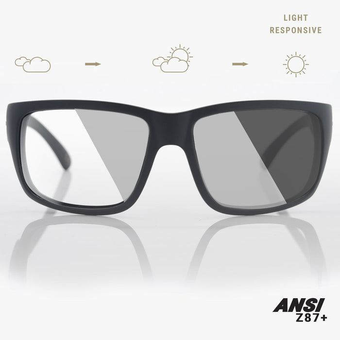 Madson 101 XL ANSI Z87+ safety glasses in black on black with clear lens