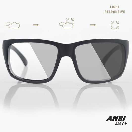 Madson 101 XL ANSI Z87+ safety glasses in black on black with clear lens
