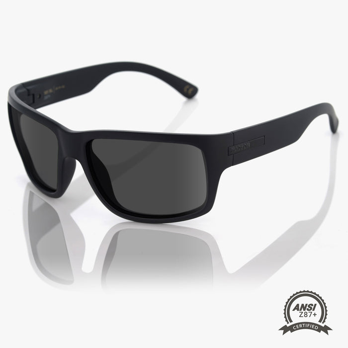 Madson 101 XL ANSI Z87+ safety sunglasses in black on black with grey polarized lens