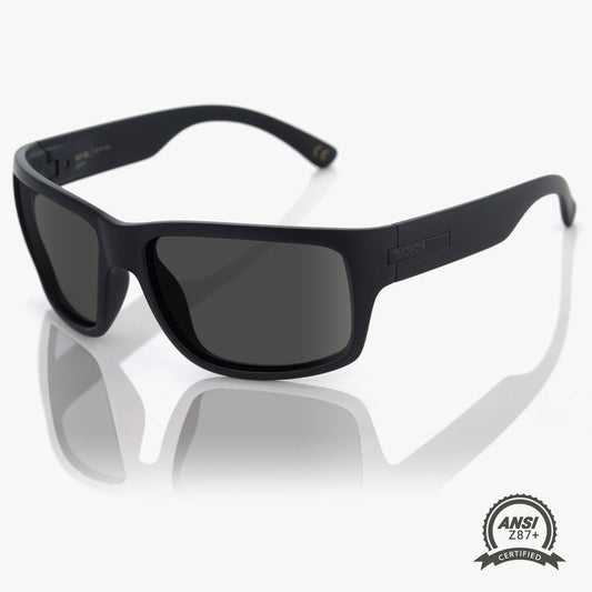 Madson 101 XL ANSI Z87+ safety sunglasses in black on black with grey polarized lens