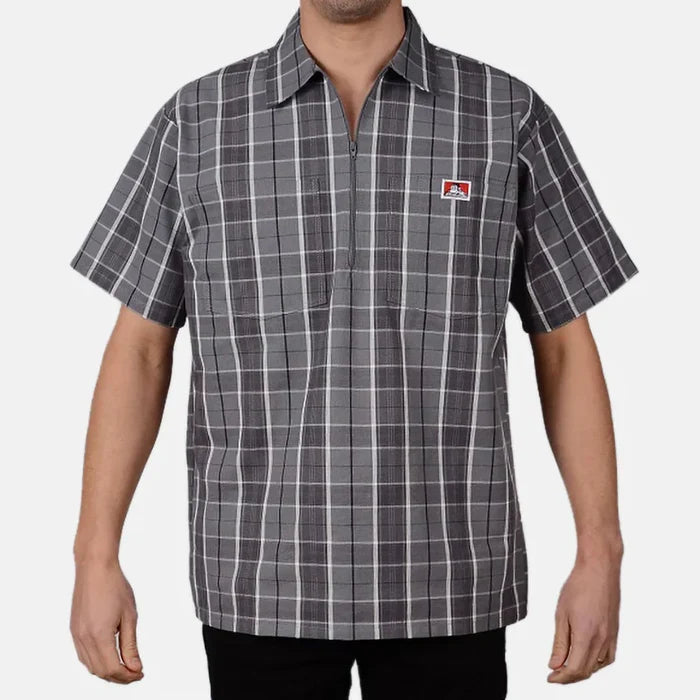 Half zip short sleeve plaid work shirt by Ben Davis in grey and black, available in big and tall sizes