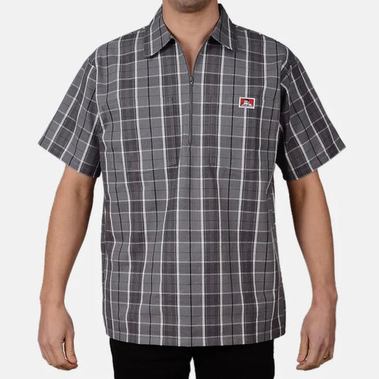 Half zip short sleeve plaid work shirt by Ben Davis in grey and black, available in big and tall sizes