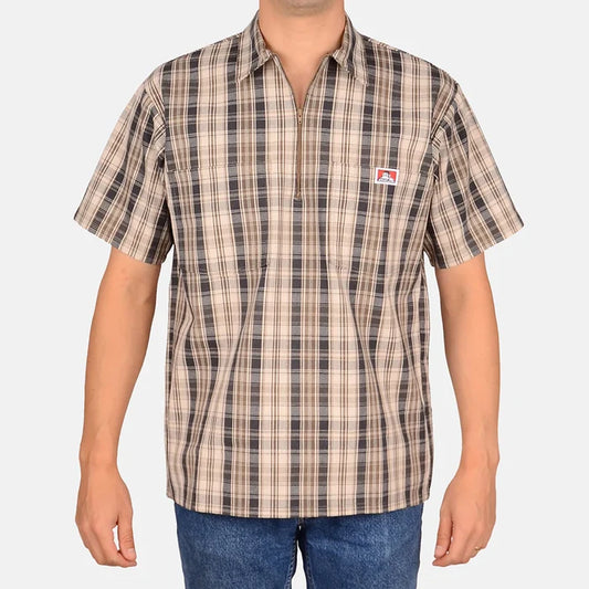 Half zip short sleeve plaid work shirt by Ben Davis in khaki and grey, available in big and tall sizes