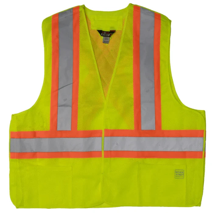 Tough Duck 5 point tearaway X back safety vest, ANSI Class 2, in high visibility lime, front view