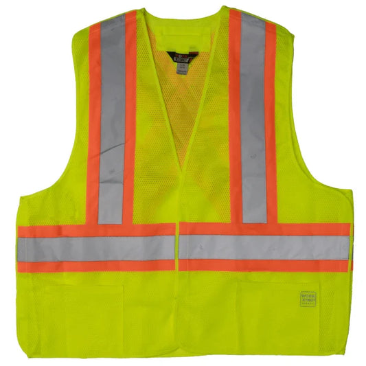 Tough Duck 5 point tearaway X back safety vest, ANSI Class 2, in high visibility lime, front view