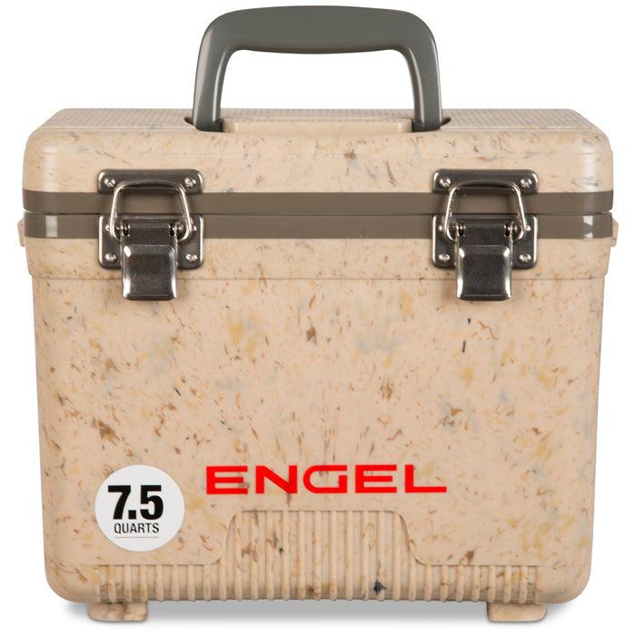 Engel 7.5 quart drybox cooler in grassland camo with the lid closed