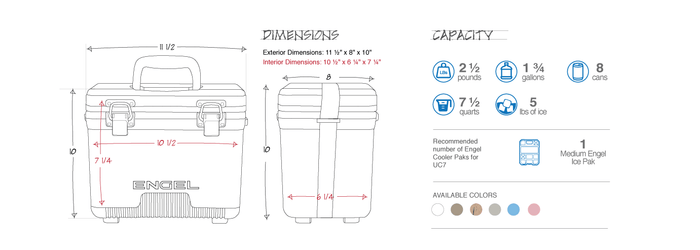 Specification diagram for the Engel 7.5 quart drybox cooler showing exterior and interior dimensions
