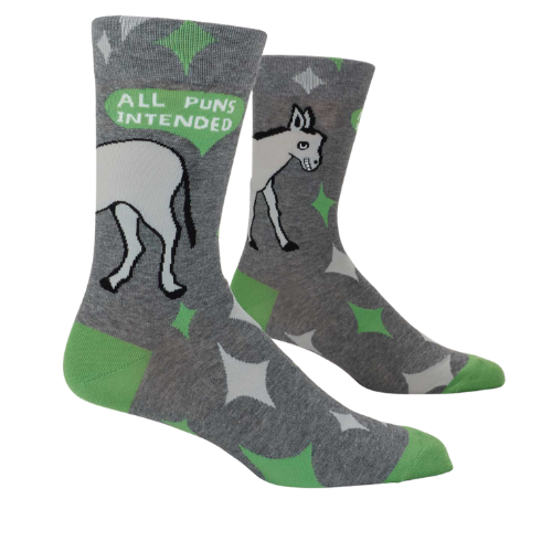 A pair of colorful Blue Q socks with the phrase 'All Puns Intended' and playful graphics, designed for pun enthusiasts and witty sock lovers.