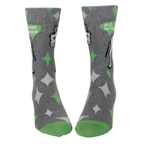 A pair of colorful Blue Q socks with the phrase 'All Puns Intended' and playful graphics, designed for pun enthusiasts and witty sock lovers.