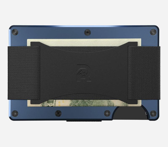 Back view of the Alpine Navy Ridge aluminum wallet showing the elastic cash strap