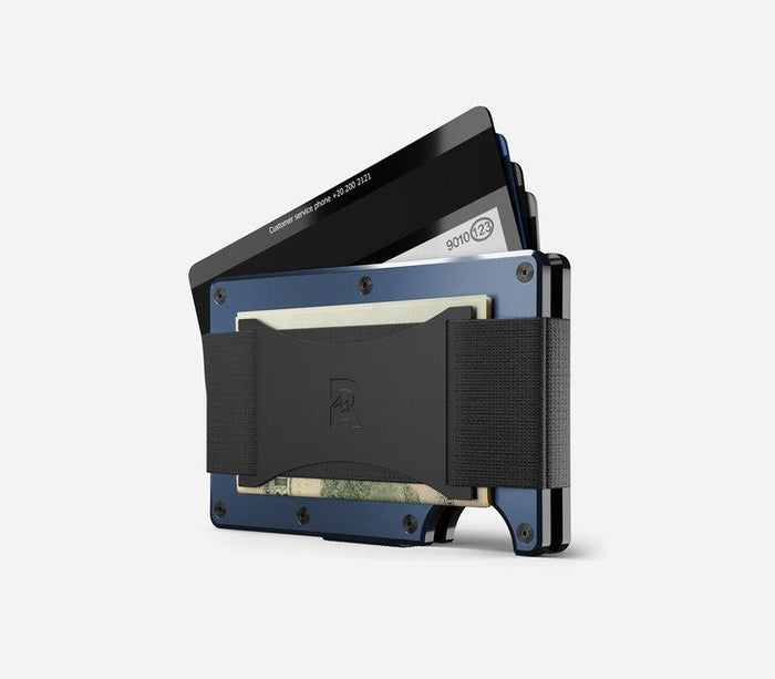 Ridge aluminum wallet in Alpine Navy with cash strap and RFID blocking card plates