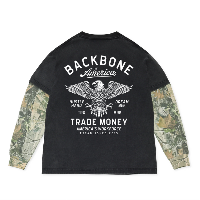 Trade Money America's Workforce heavy long sleeve dual tee in black with Deadtree camo sleeves, available in big and tall sizes