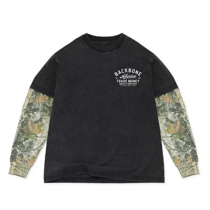 Trade Money America's Workforce long sleeve dual tee in black and Deadtree camo, alternate product view