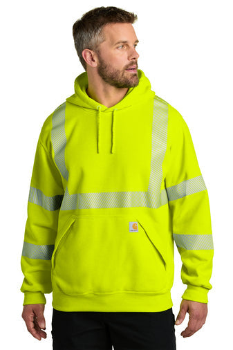 Carhartt ANSI 107 Class 3 high visibility hooded sweatshirt in bright lime, front view on model