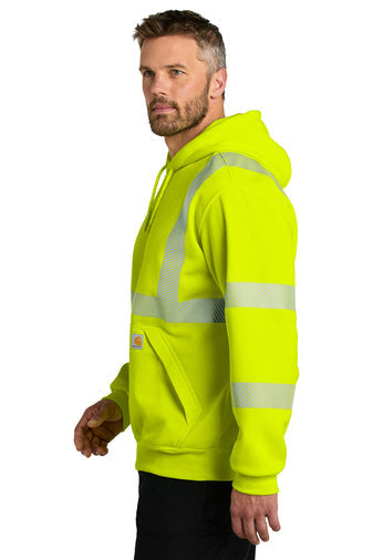 Carhartt ANSI 107 Class 3 high visibility hooded sweatshirt in bright lime, side view on model