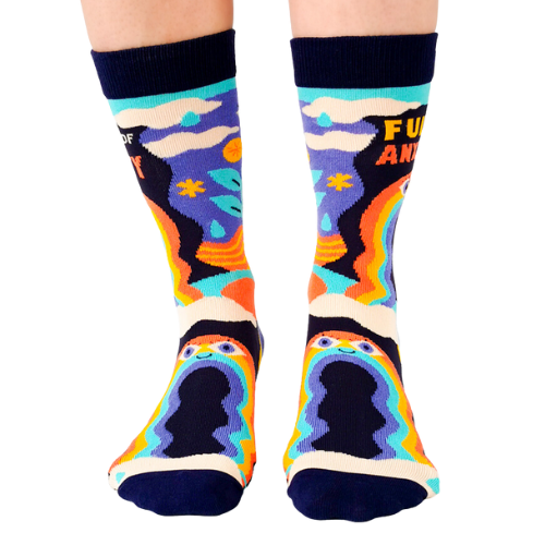 Fun rainbows with faces. Print on Socks: "Full of Anxiety"
