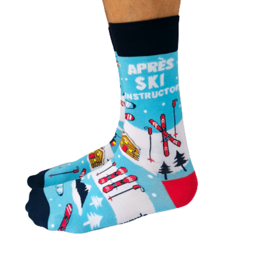 Winter socks with skis, mountains and cabins add winter fashion to any outfit.