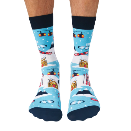 Winter socks with skis, mountains and cabins add winter fashion to any outfit.
