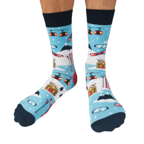 Winter socks with skis, mountains and cabins add winter fashion to any outfit.
