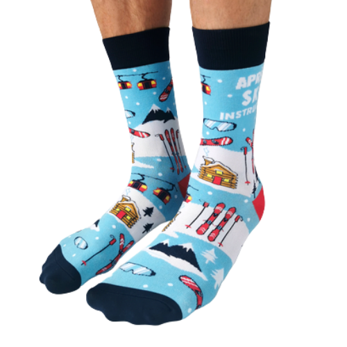Winter socks with skis, mountains and cabins add winter fashion to any outfit.