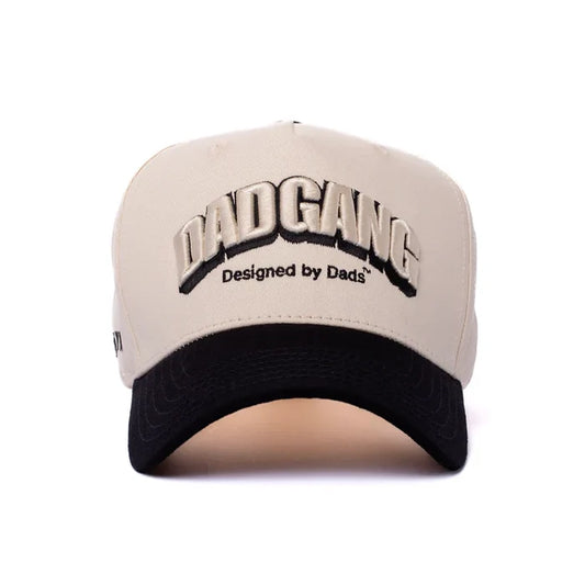 Arch Logo curved brim snapback hat by Dad Gang in cream and black, main product view