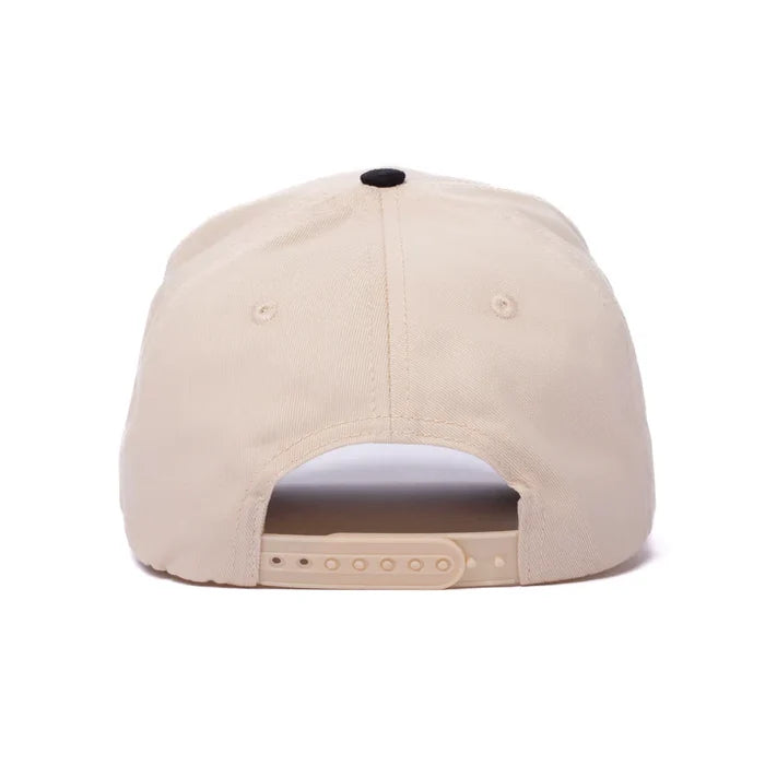 Arch Logo curved brim cap by Dad Gang in cream and black, further product view of the hat