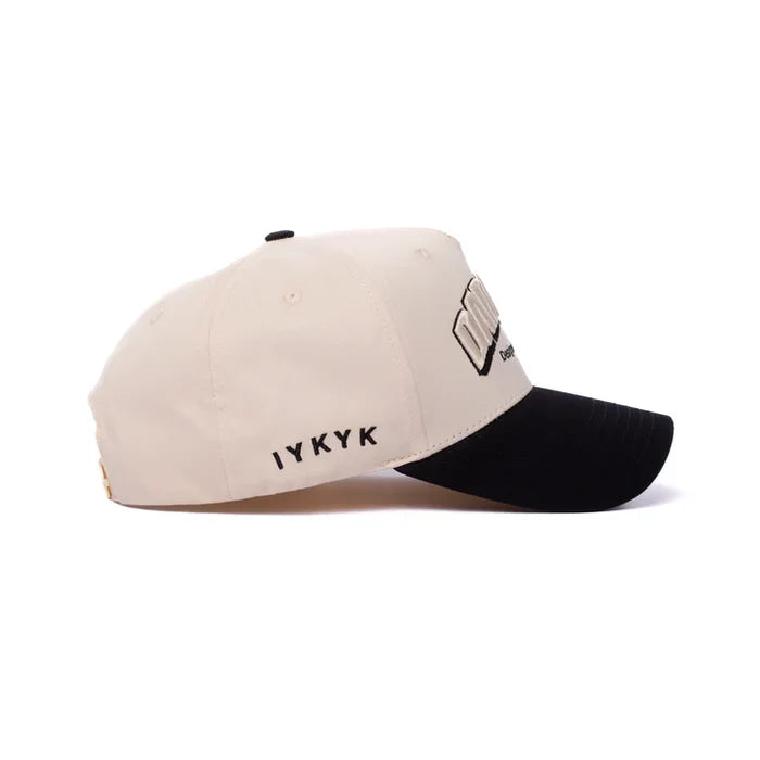 Arch Logo snapback hat by Dad Gang in cream and black, additional studio product view