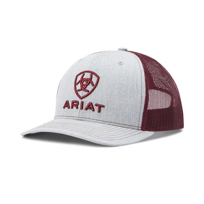 Ariat men's embroidered logo mesh back hat in grey with burgundy logo