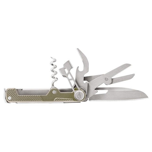Gerber Armbar Cork multi-tool in gold with folding knife blade and corkscrew