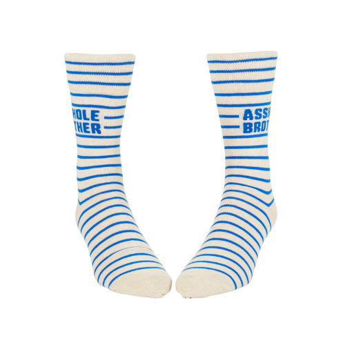 Men’s crew socks featuring the phrase ‘Asshole Brother’ in a fun, cheeky style.