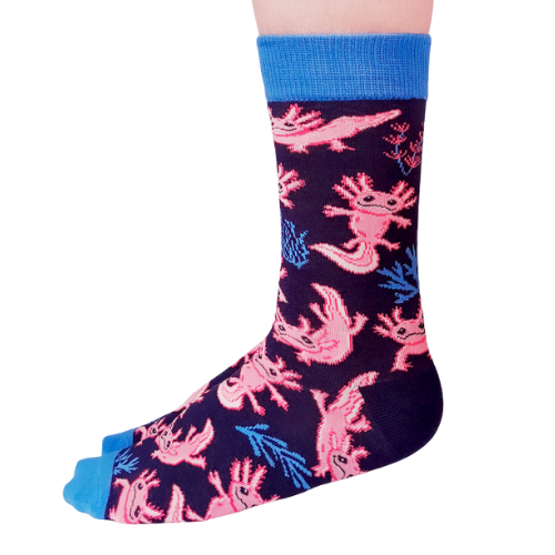 Vibrant Axolotl Socks by Uptown Sox with a playful axolotl design in bright colors, perfect for animal lovers and those seeking unique, fun socks.