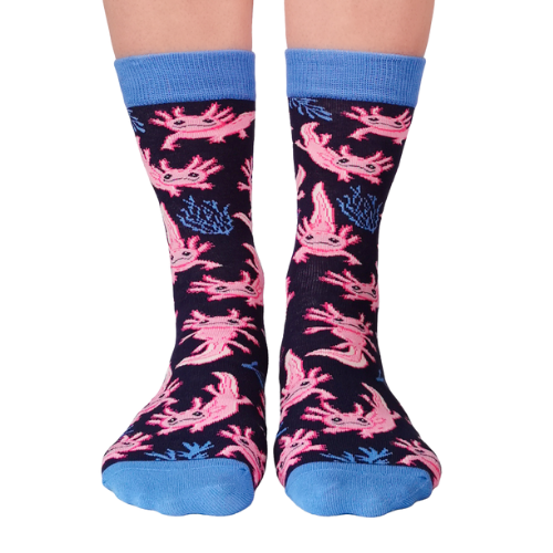 Vibrant Axolotl Socks by Uptown Sox with a playful axolotl design in bright colors, perfect for animal lovers and those seeking unique, fun socks.