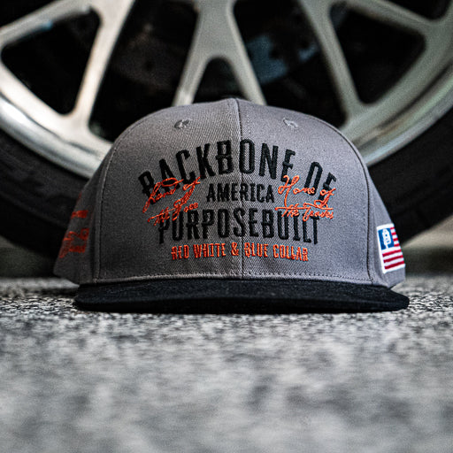 Backbone of America flat brim snapback hat in grey and black, main product view of the front