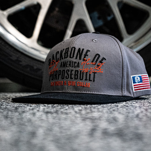 Backbone of America flat brim snapback cap in grey and black, alternate product view