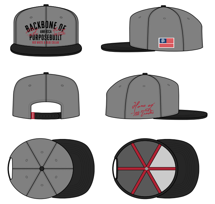 Backbone of America snapback hat in grey and black, additional product view of the crown