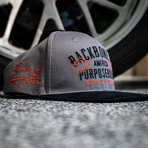 Backbone of America flat brim snapback in grey and black, further product view of the hat