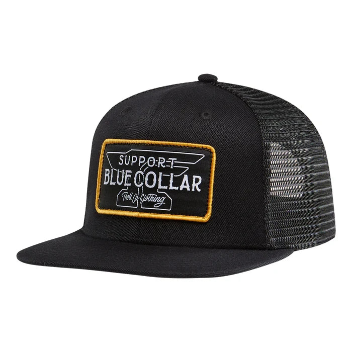 The Barricade Anvil Flat Bill Snapback in black is a mesh trucker hat with a flat brim and an adjustable snapback closure, featuring a yellow-bordered patch that reads “SUPPORT BLUE COLLAR” and “Tools of the Trade” in white and yellow text.