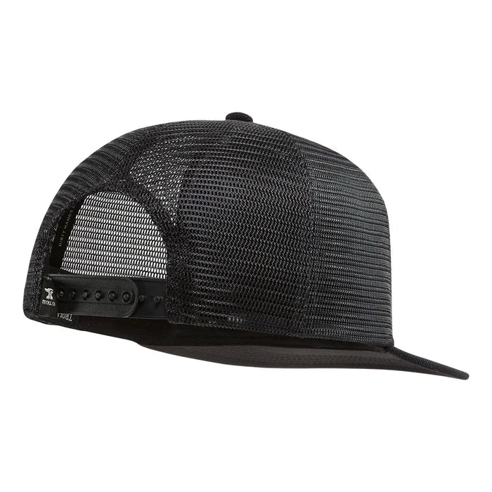 The Barricade Anvil Flat Bill Snapback in Black is pictured from the back and side, highlighting its adjustable snapback closure and ventilated mesh panels. This flat brim trucker hat combines blue collar style with comfort and practicality.
