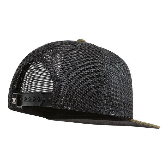 Troll Co. Barricade Anvil flat bill snapback hat in military green, back and side view