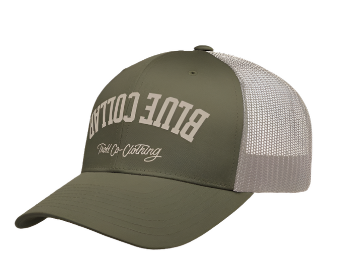 Troll Co. BC Bottoms Up curved brim trucker hat in moss green and khaki