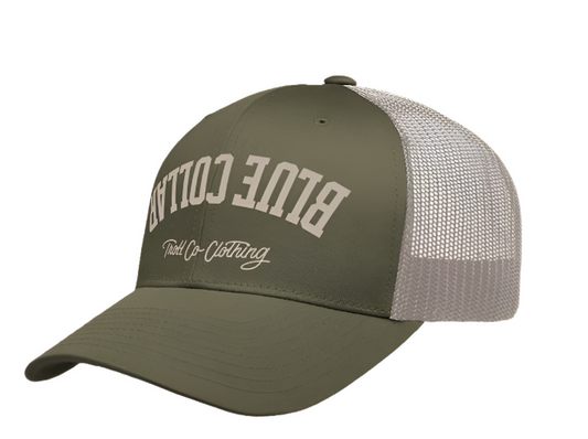 Troll Co. BC Bottoms Up curved brim trucker hat in moss green and khaki
